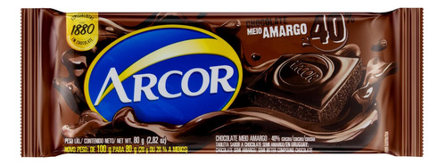 Chocolate Meio Amargo 40% Cacau Arcor  pacote 80 g