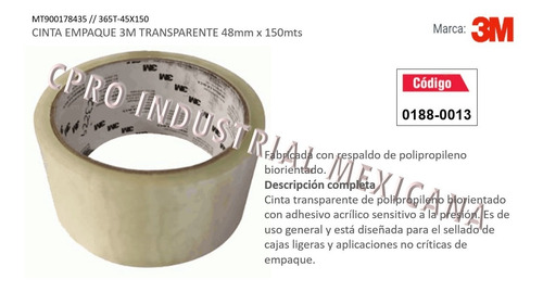Cinta Empaque 3m Transparente 48mm X 150mts 365t-45x150 S