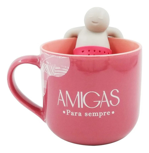 Caneca Ceramica 350ml Infusor P/ Cha Amigas Para Sempre Coração