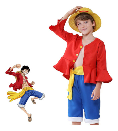 Fantasia Cosplay Luffy One Piece Pirata Carnaval 4 Peças