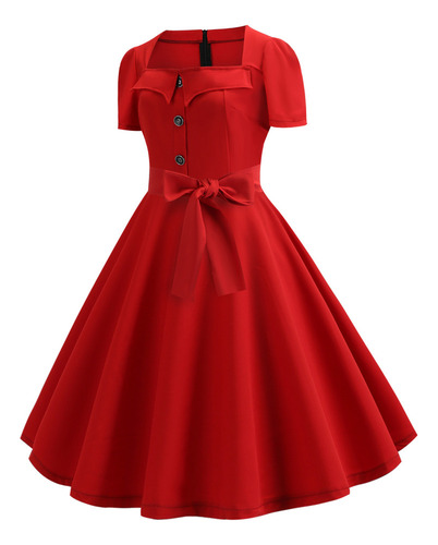 Vestido Lunares Con Cuello Cuadrado Retro De Moda Para Mujer