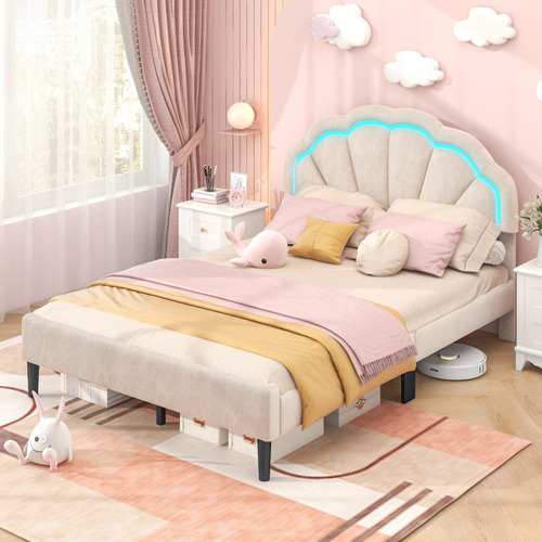Base De Cama Con Luz Led Beige Matrimonial Gpl
