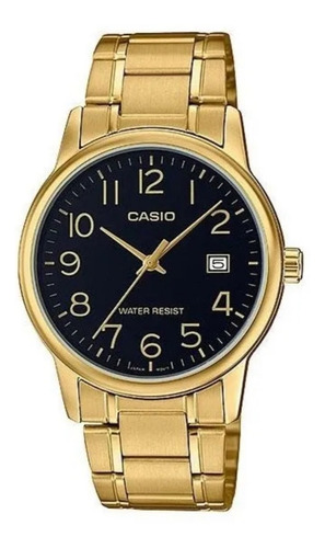 Reloj Casio Modelo Mtp-v002 Dorado Caratula Negra Y Blanco