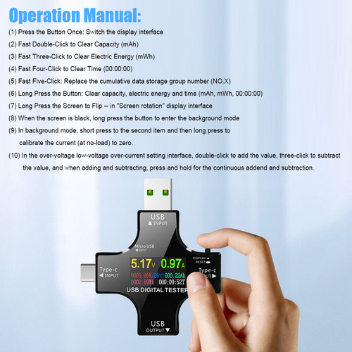 Testador Usb-c 2 Em 1 Com Ips Lcd, Bt App E Conector Otg