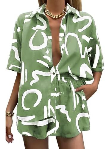 Women's 2 Piece Outfit Sets Summer Beach Casual Printed Shir