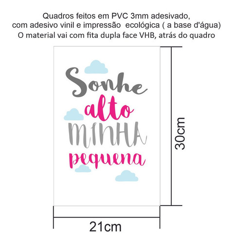 Imagem 3 de 4 de Quadro Infantil Menina Sonhe Alto Branco A4 Pvc 3mm