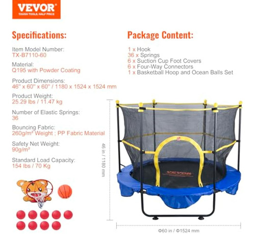 Vevor Trampolín De 5 Pies Para Niños, Trampolín De