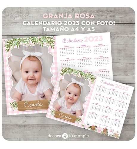 Calendario 2023 Imprimible - Animalitos Granja Rosa Souvenir