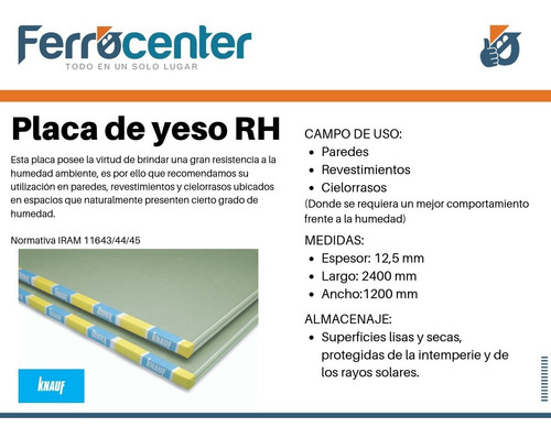 Placa De Yeso Knauf =durlock Resistente A Humedad Rh 12,5 Mm