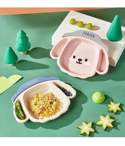 Juego De Plato Cubiertos Comida Para Bebes Cara Perro 1 Pza Color Azul