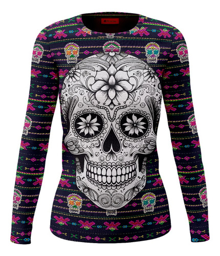 Playera Dama Manga Larga Calavera Bordado Rosa C0005