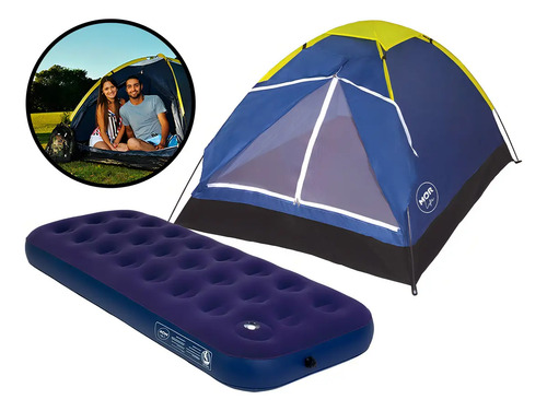 Barraca Iglu Camping 2 Pessoas + Colchão De Ar Solteiro Mor Cor Barraca Azul / Colchão Azul