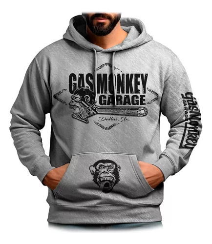 Buzo Canguro Gas Monkey Llave Perico Color Gris Unisex