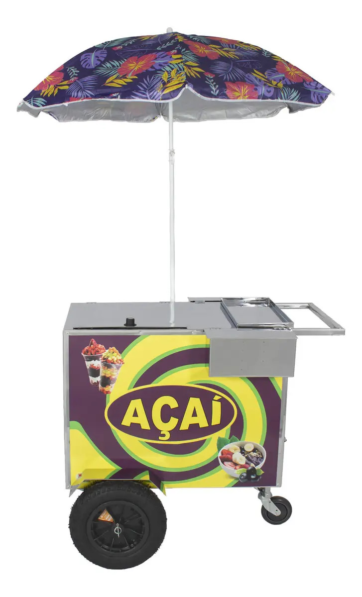 R2 965 Carrinho Para Açaí Inox C/ Adesivo E Rodas E Guarda Sol