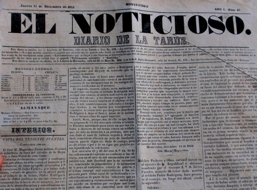 Diario El Noticioso Año 1852 Homicidio Fuentes Avisos Ventas