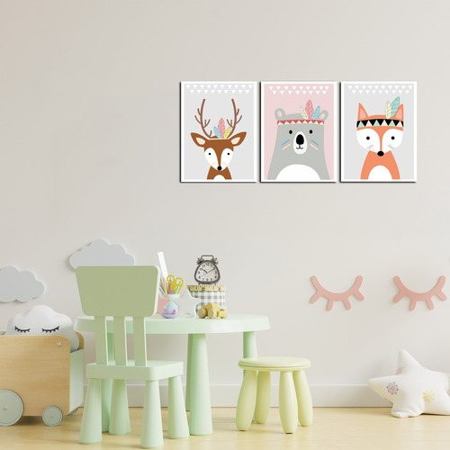 Imagen 3 de 3 de Triptico Cuadros Niños 40x30 Cms Set12 Venado Zorro Oso
