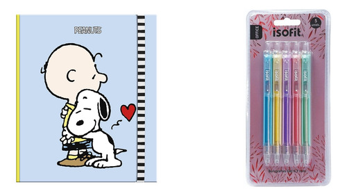 Libreta Lujo Cuaderno Snoopy Pastel Color + Lapices Gel (5)