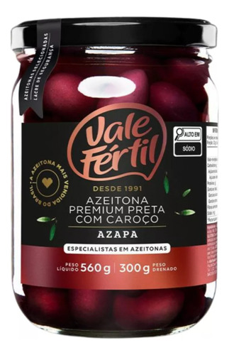 Azeitona Premium Preta Com Caroço Azapa Vale Fértil 300g