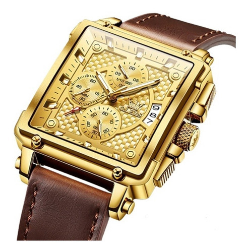 Reloj elegante Olevs para hombre, cuarzo dorado, color de la correa: marrón