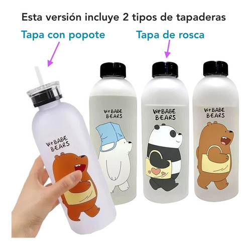 Imagen 2 de 8 de Termo Botella Contenedor De Agua Osos Tapa Con Popote 1 L