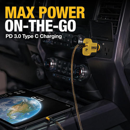 Cargador de coche DeWalt DXMA1410484 USB-C superrápido, negro y amarillo, compatible con Android, iPhone, ordenadores portátiles, MacBook Pro, tabletas