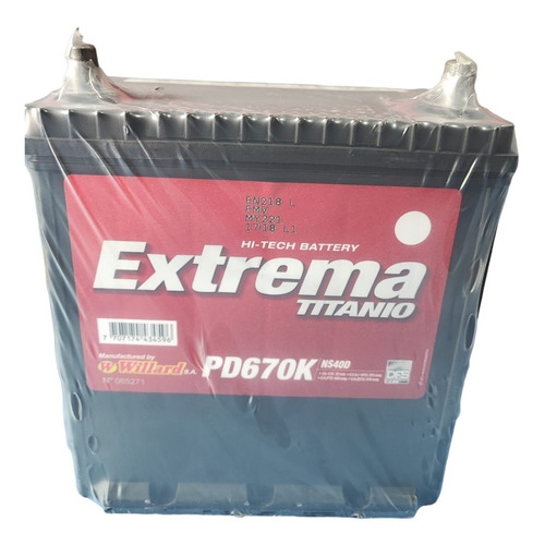 Bateria Willard Extrema Ns40pd-670k Kia Picanto, Ion, Spark