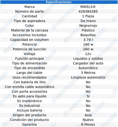 Aspiradora Sólidos Y Líquidos 12 V 160 W Negro/rojo Mikels