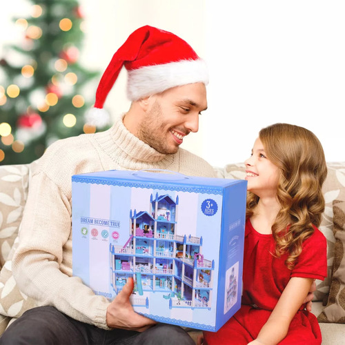 Casa De Muñecas Grande Con Muebles, 16 Cuarto,4 Muñecas,azul
