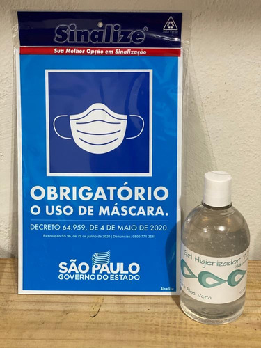 Kit Álcool Gel 500ml + Placa Uso De Mascara - Sinalize