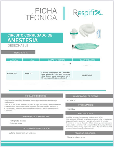 Circuito Para Anestesia C/mascarilla Adulto Caja Con 20