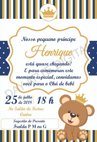 Imagem 1 de 4 de Convite Digital Urso Príncipe Ursa Princesa Chá Aniversario