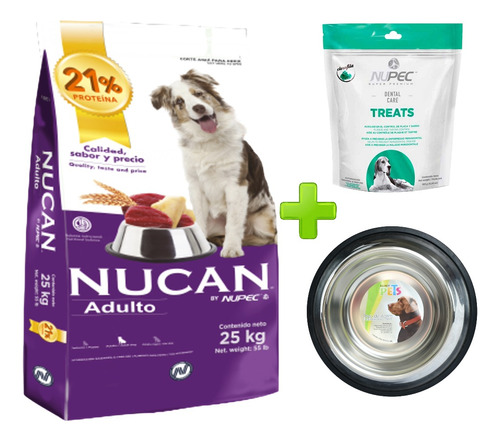 Pack Nucan Adulto (25kg) + Plato 96 Oz + Treats 