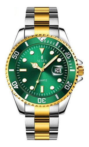 Reloj Mimimalista Elegante Seger 1779 Acero Fecha ! Color De La Malla Plateado Color Del Bisel Verde