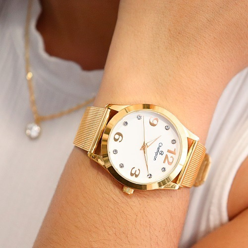 Reloj cuadrado Champion CN25369w para mujer, collar y pendientes, color de correa, bisel dorado, color de fondo dorado, color blanco 1