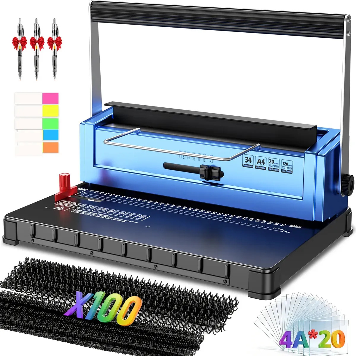 Encuadernadora ZUSZOX 2 en 1 Manual para 120 Hojas con 34 Agujeros, Anillas y Tapas A4 Azul