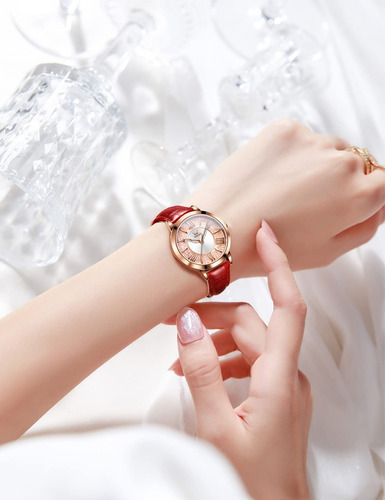 Reloj Olevs/5539 Dorado Para Mujer Con Correa De Cuero Rojo Dorado/rosa Rosa