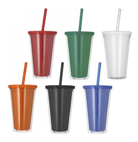 Vaso Acrilico Doble Pared Con Tapa Y Popote Paq 10 Pz