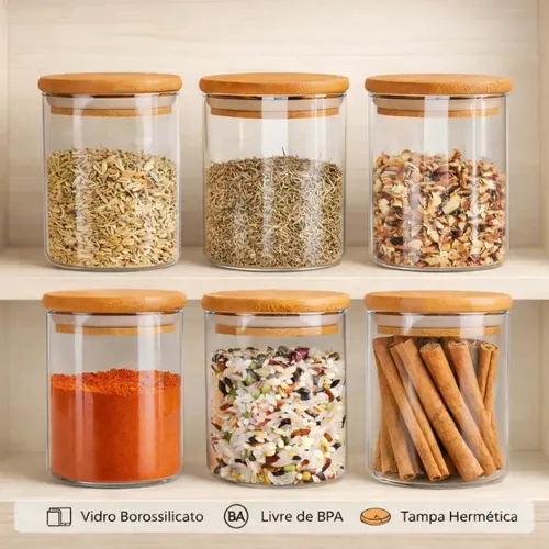 Kit 6 Potes De Vidro Herméticos Com Tampa De Bambu De 200ml