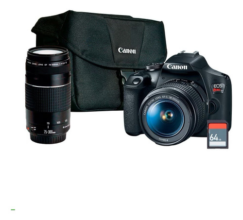 Kit Cámara Canon Eos Rebel T7 + Lentes 18-55mm Y 75-300mm Color Negro
