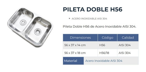 Pileta Bacha Cocina Doble Acero Inox 56 X 37 X 13 Dh56