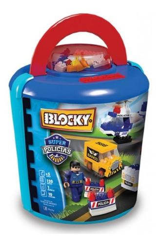 Balde Blocky Super Policías 120 Bloques+ 1 Muñequito 