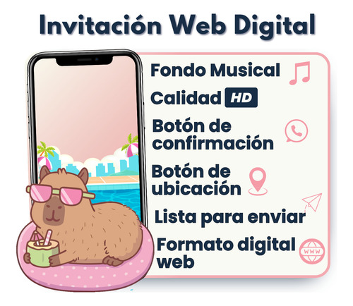 Invitación Digital Web Interactiva Animada Capibara Pool Party Rosa