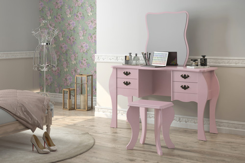Tocador Camarin Y Banco Maquillador 4 Cajones 100%mdf Rosa