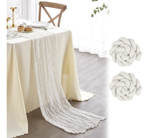 2pzs Caminos De Mesa Gasa Elegante Boho Decoración Boda Color Turquesa Blanca Mantel Decorativo Decoración de Mesa Decoración de Fiesta Bebé Bautizo Cumpleaños Celebración Estilo Vintage Decoración