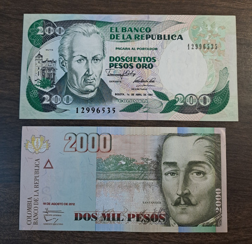 Colombia X 2 Billetes Incluye 200 Pesos Oro 1991 . Exc ++++ (Usado)