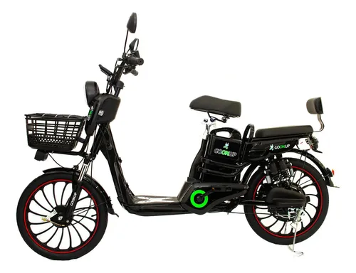 Vista lateral da bicicleta elétrica Goon.up preta com cesto frontal e assento duplo