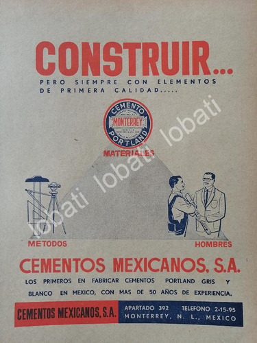 Cartel Vintage Cemex. Cementos Mexicanos 1953 /742 Monterrey