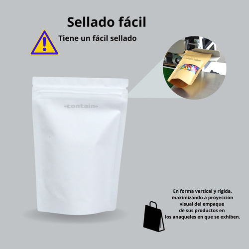 Imagen 5 de 7 de 100 Bolsa Stand Up Pouch Laminada Cierre Blanco Mate 150 Grs