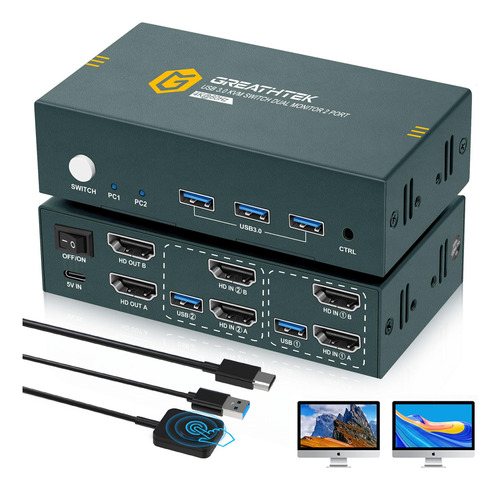 Conmutador Kvm Hdmi 2 Monitores 2 Computadoras, 2 Monitores 