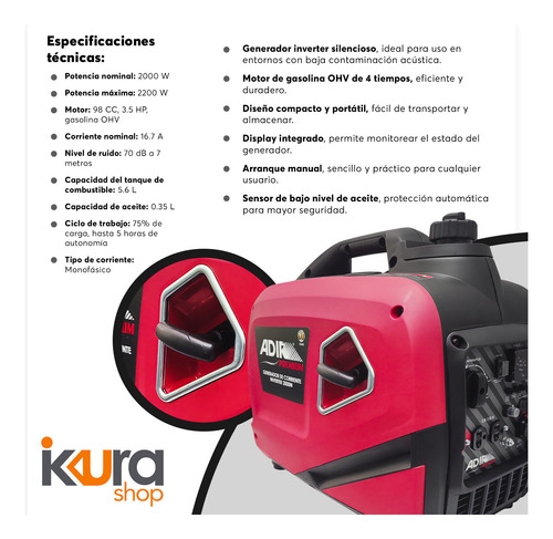 Generador De Corriente Inverter Silencioso 2000w Adir 12643